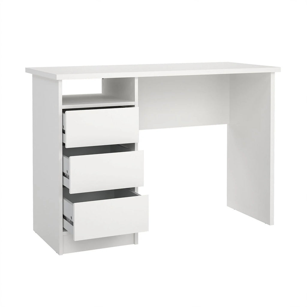 White Writing Desk with 3 Storage Drawers and Open Shelf B7683