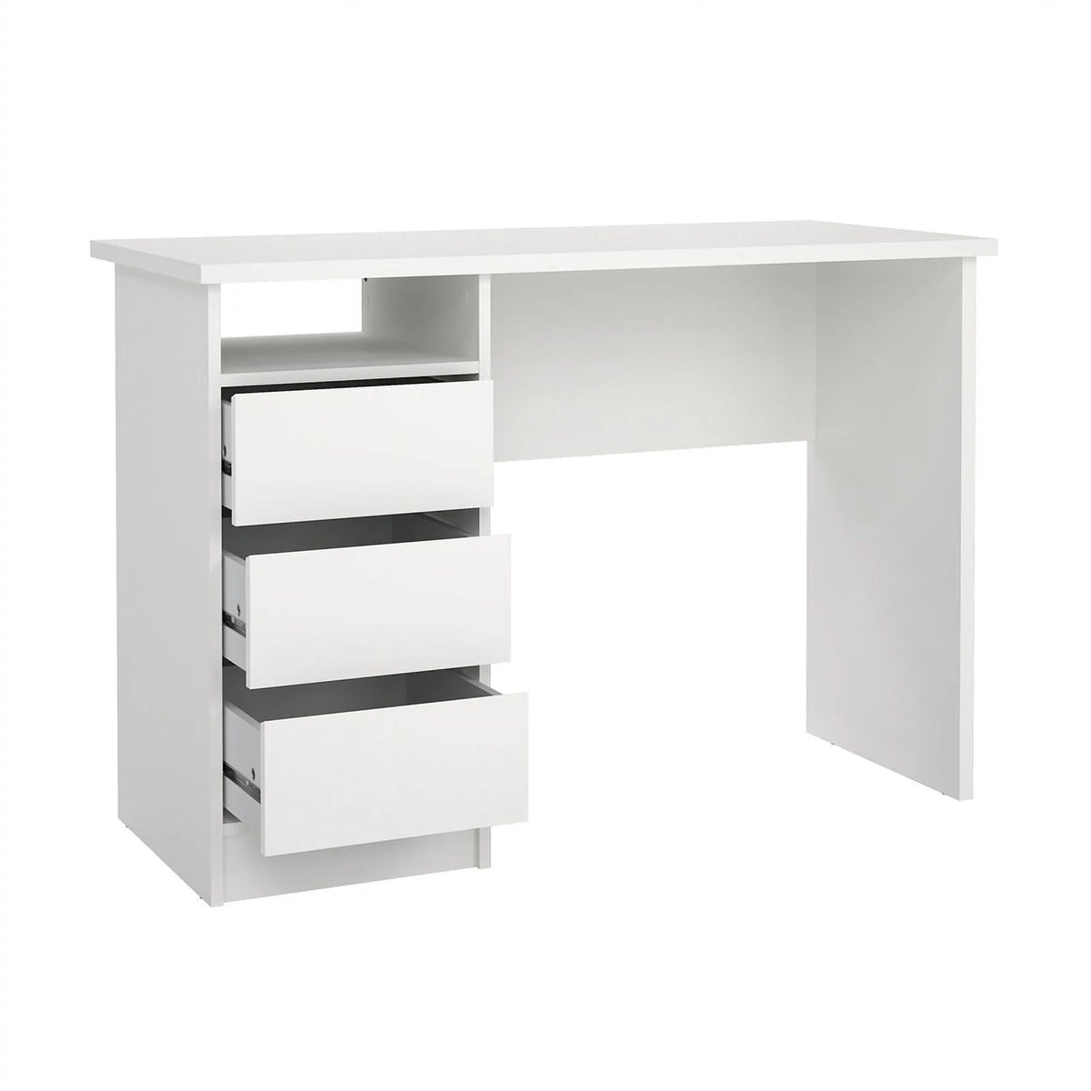 White Writing Desk with 3 Storage Drawers and Open Shelf B7683