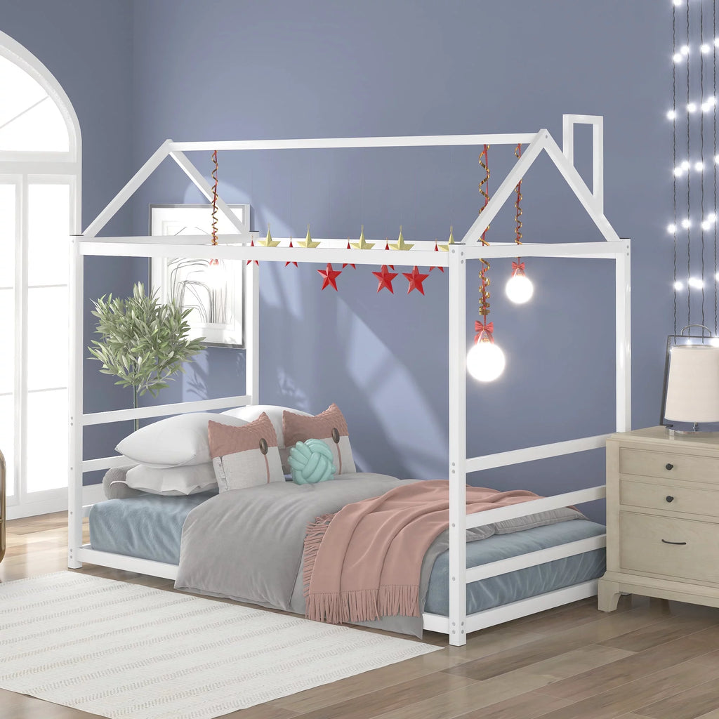 White House Platform Bed with Roof and Chimney L843593