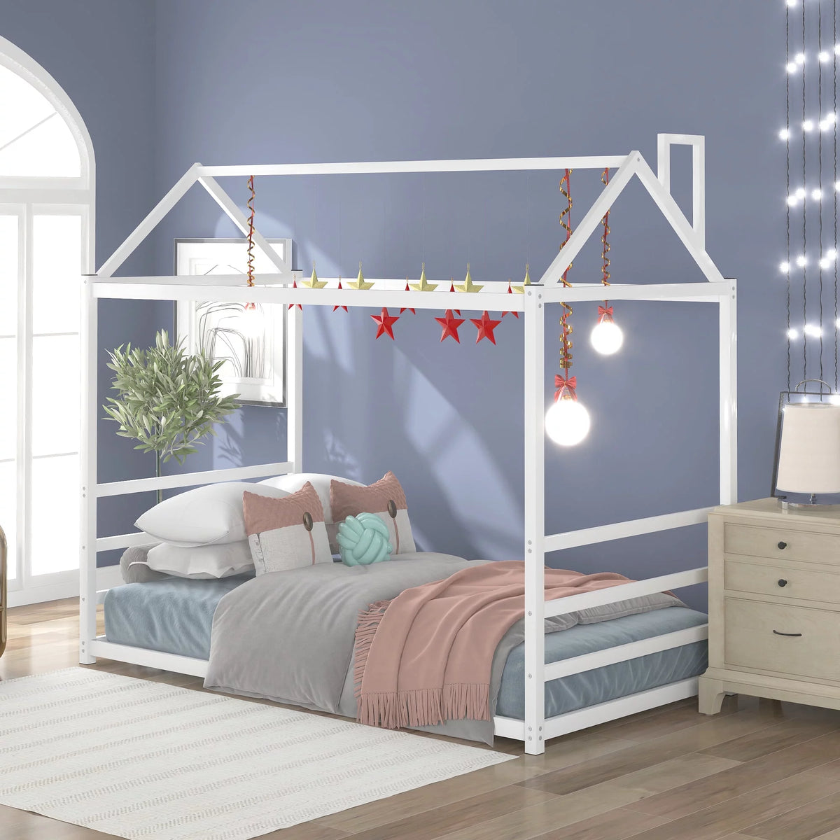 White House Platform Bed with Roof and Chimney L843593