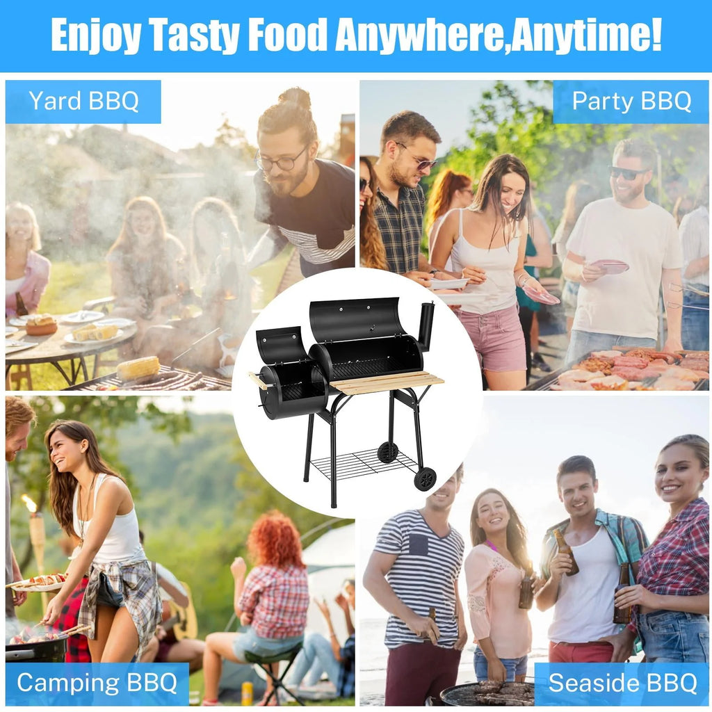 Charcoal Grill, 45.28-Inch Portable Offset Smoker with Wheels & Thermometer Z327