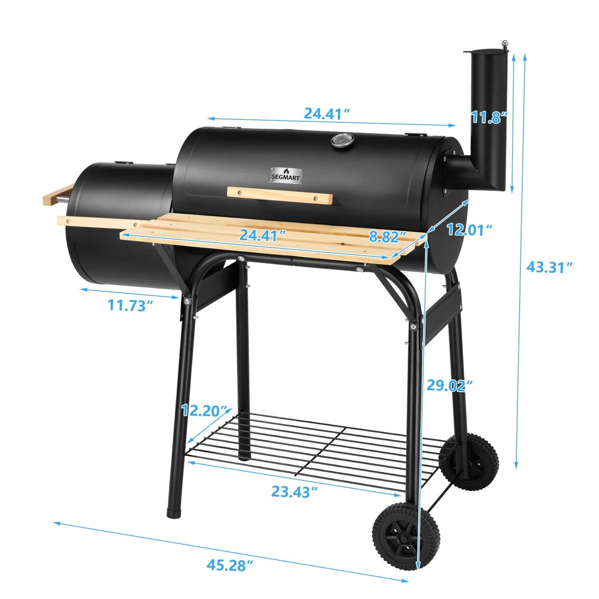 Charcoal Grill, 45.28-Inch Portable Offset Smoker with Wheels & Thermometer Z327