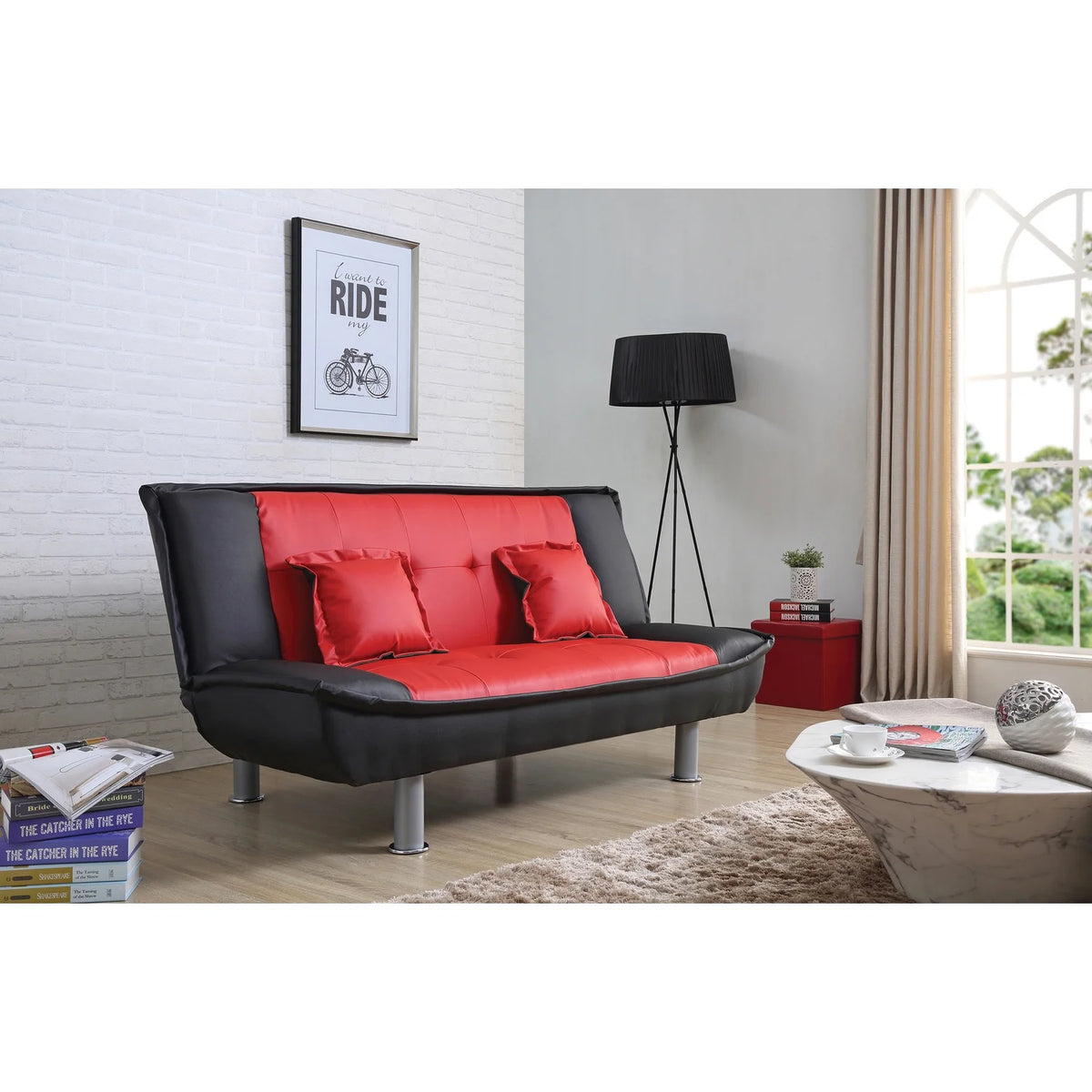 Black & Red Faux Leather Straight Sofa V5167