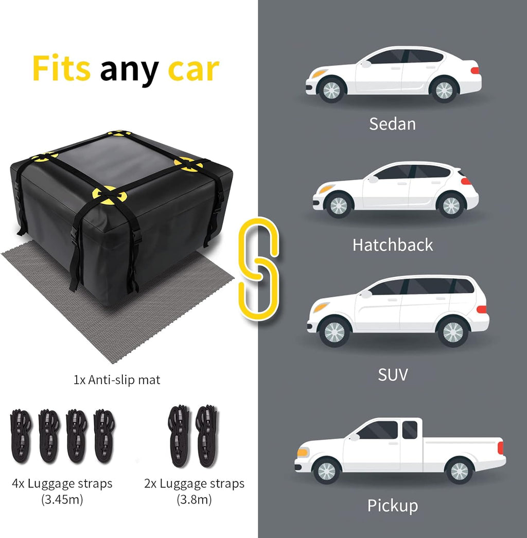 Car Roof Bag Waterproof Rooftop Cargo Carrier with Anti-Slip Mat and 6 Heavy-Duty Straps (15 Cubic Feet) J9305