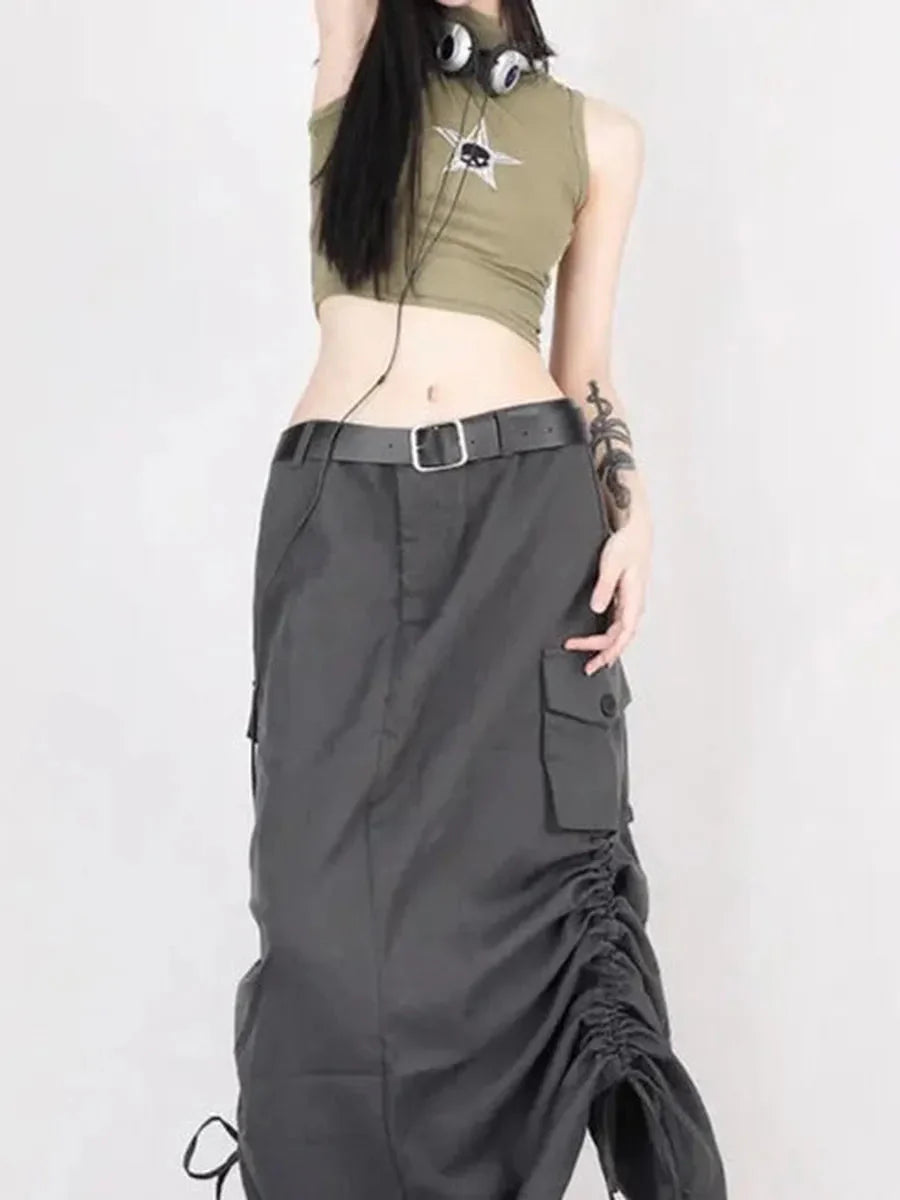 Grunge Ruffled Split Midi Dress Y694