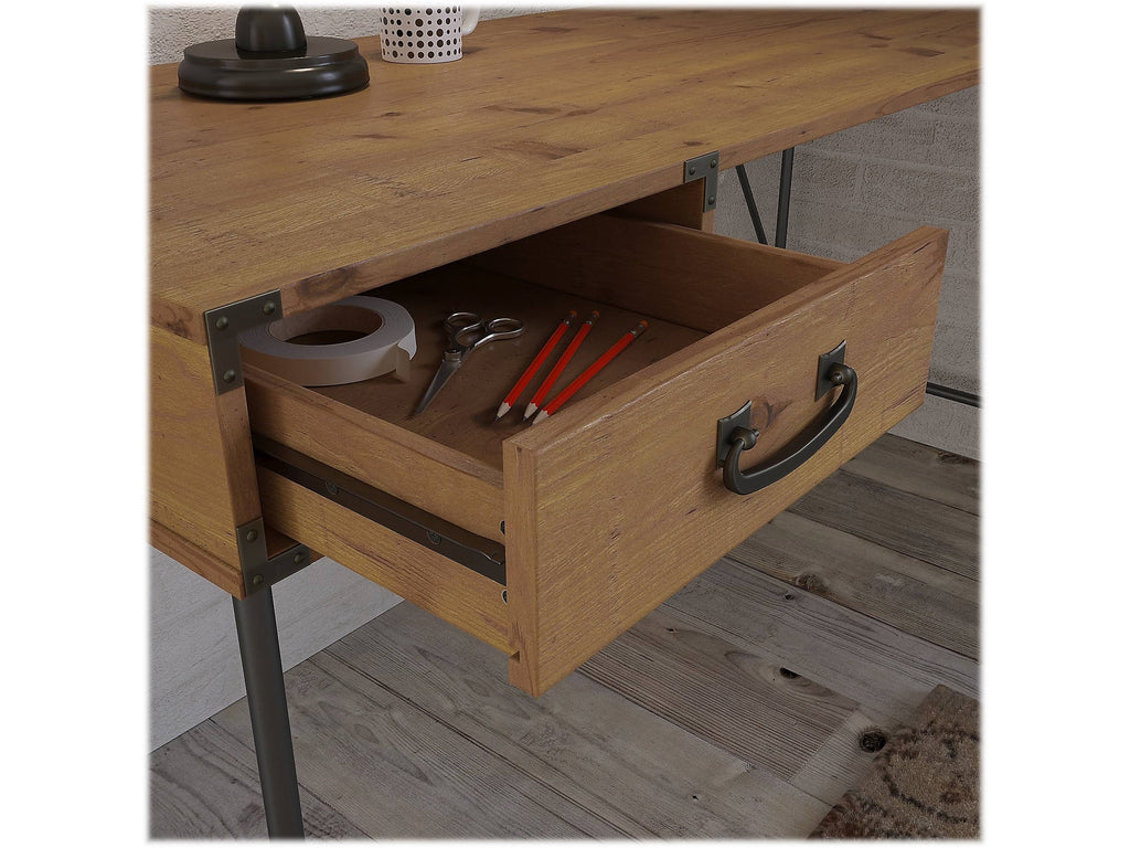 Vintage Golden Pine L Shaped Writing Desk with 2 Drawer Mobile File Cabinet P792