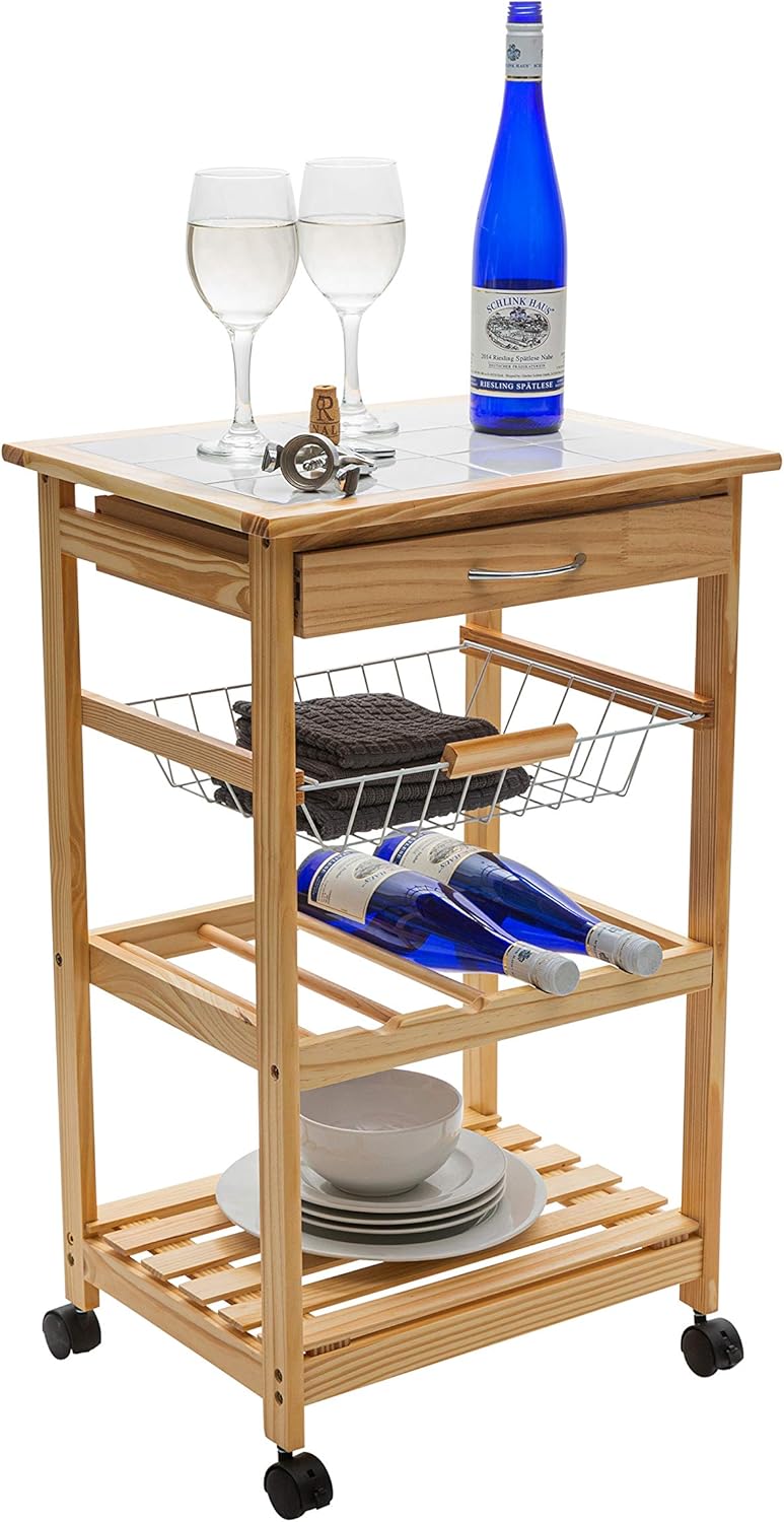 Natural Pinewood Mobile Kitchen Cart with Tile Top V766