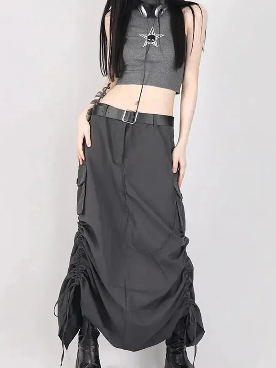 Grunge Ruffled Split Midi Dress Y694