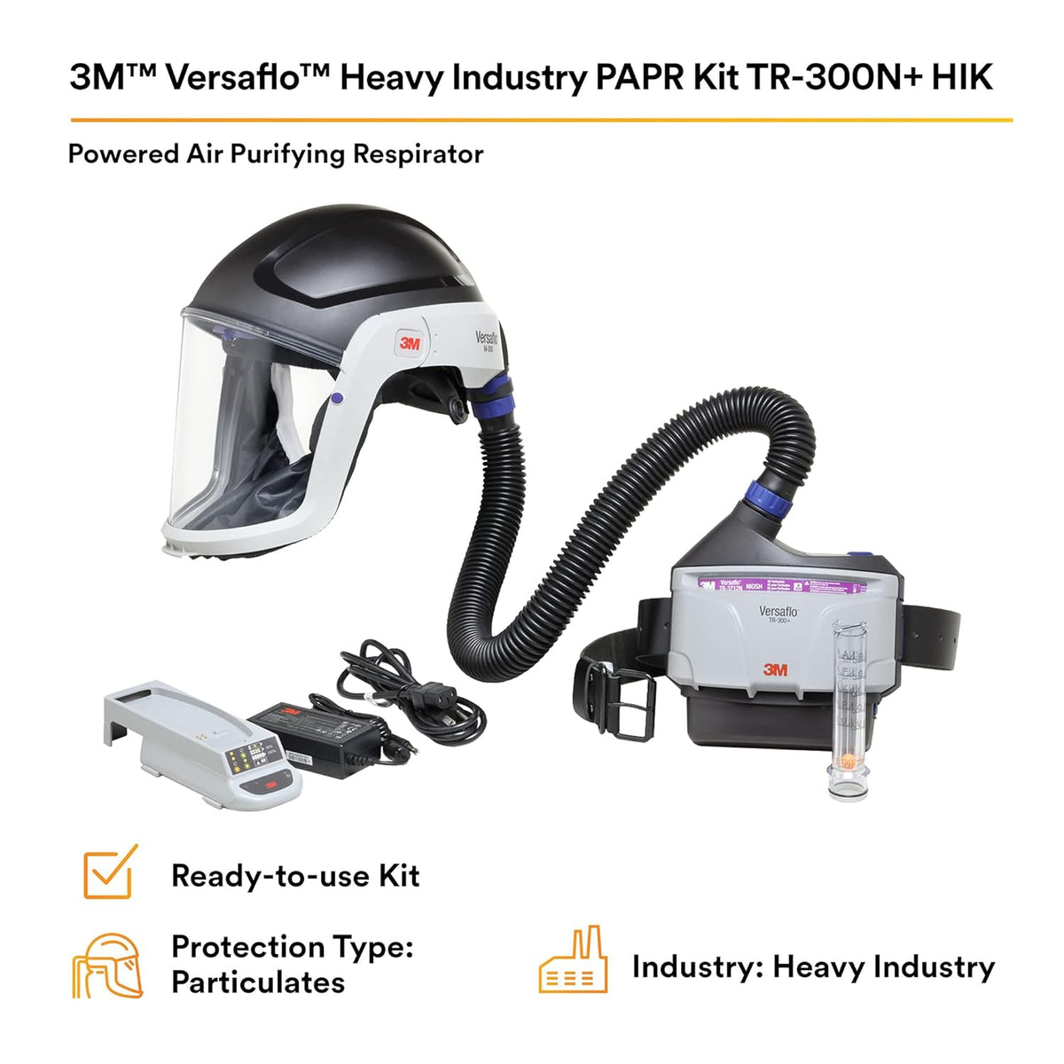 3M PAPR Respirator, Versaflo Powered Air Purifying Respirator Kit, TR-300N+ HIK, Heavy Industry, Hard Hat Assembly, All-in-One Respiratory Protection for Particulates, NIOSH Approved, Grinding L9380