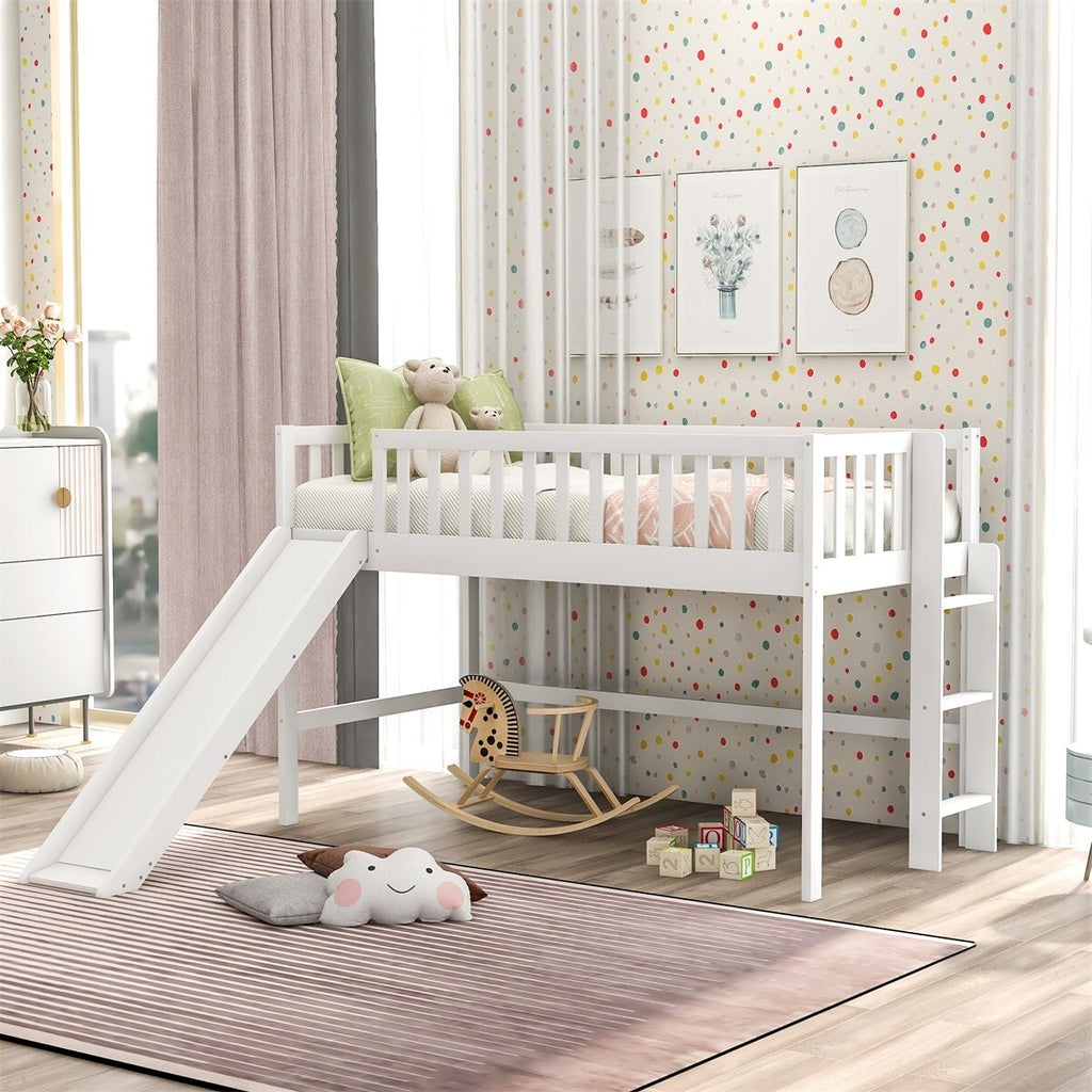 White Wooden Low Loft Bed with Slide and Ladder E4908
