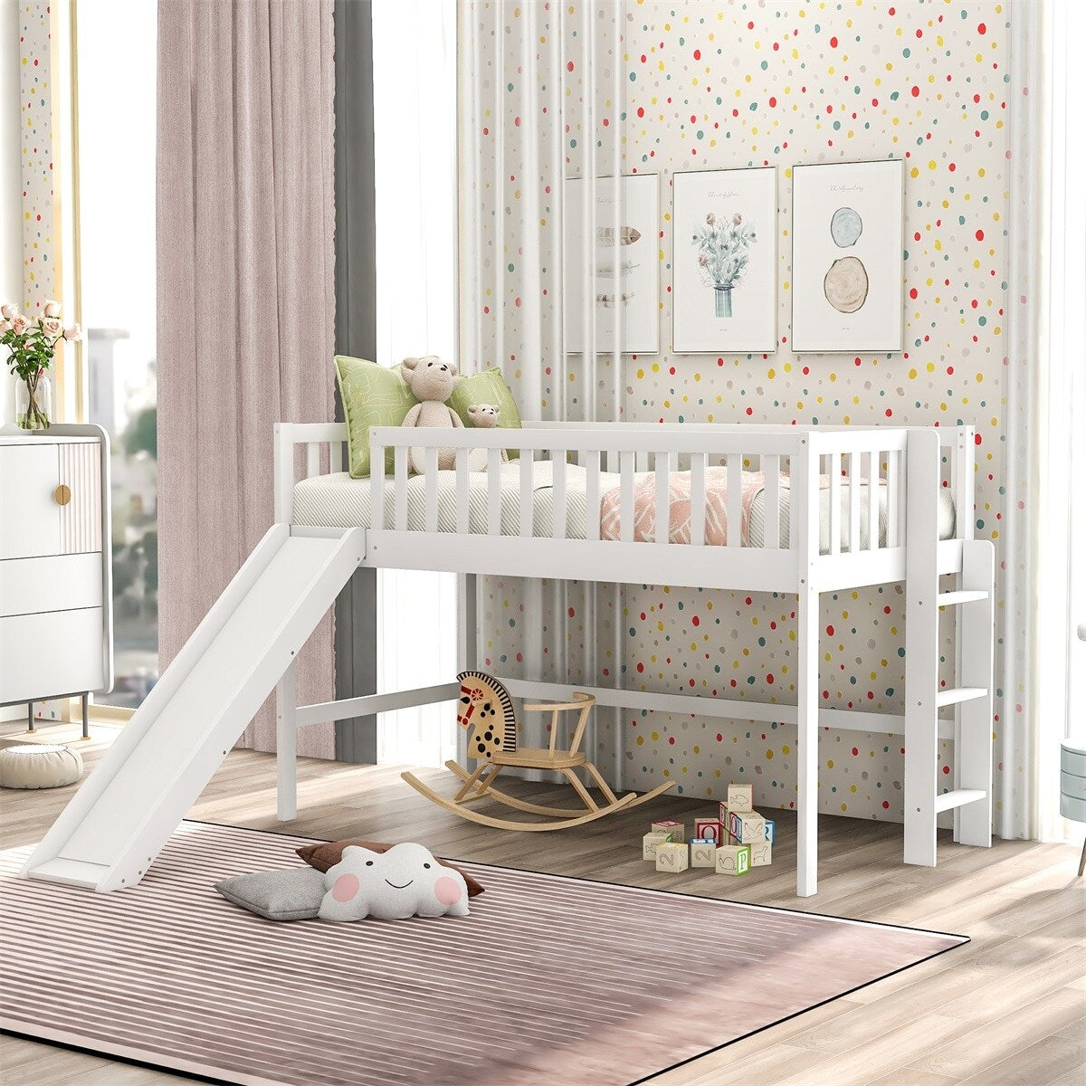 White Wooden Low Loft Bed with Slide and Ladder E4908