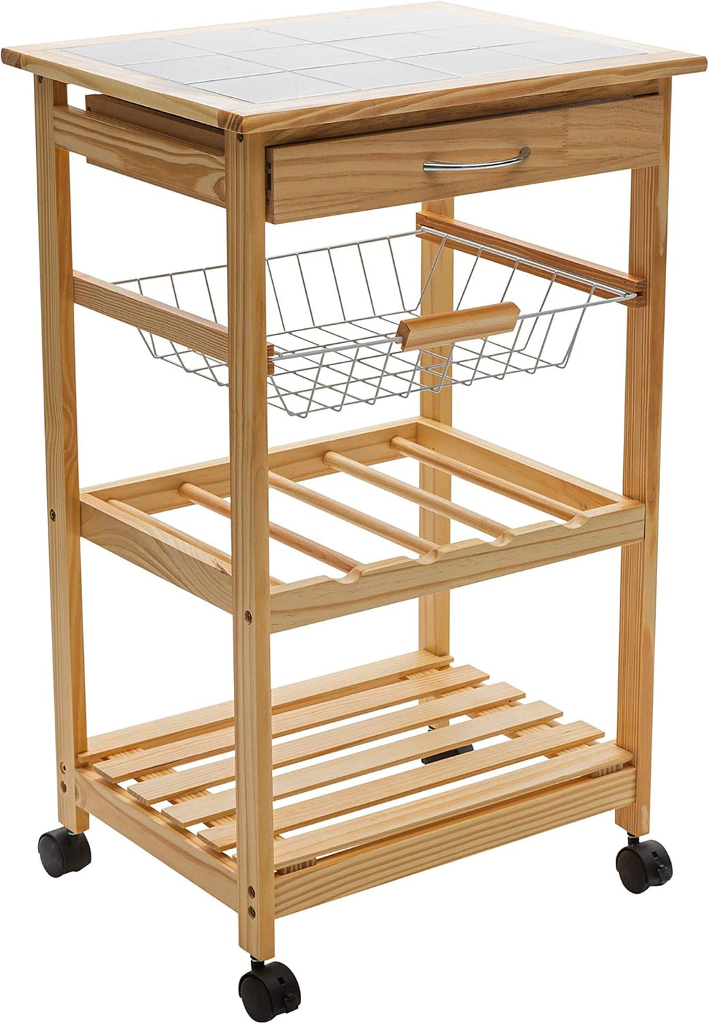Natural Pinewood Mobile Kitchen Cart with Tile Top V766