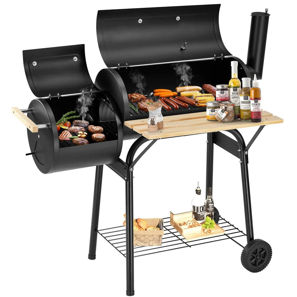 Charcoal Grill, 45.28-Inch Portable Offset Smoker with Wheels & Thermometer Z327