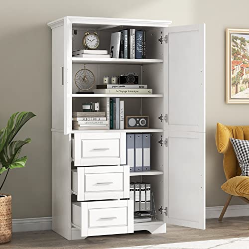 White Wood Pantry Cabinet with Shelves and Drawer G37571