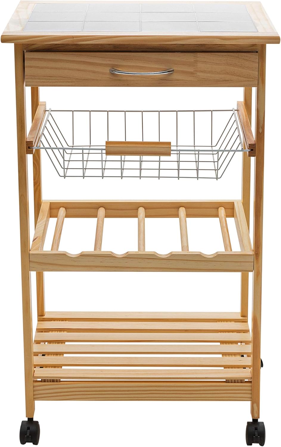 Natural Pinewood Mobile Kitchen Cart with Tile Top V766