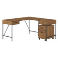 Vintage Golden Pine L Shaped Writing Desk with 2 Drawer Mobile File Cabinet P792