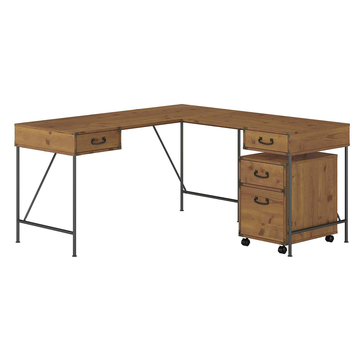 Vintage Golden Pine L Shaped Writing Desk with 2 Drawer Mobile File Cabinet P792
