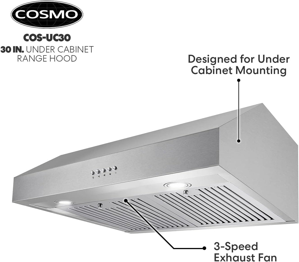 30 in. Under Cabinet Range Hood Ductless Convertible Duct with 3-Speed Fan and LED Lights in Stainless Steel Y27067