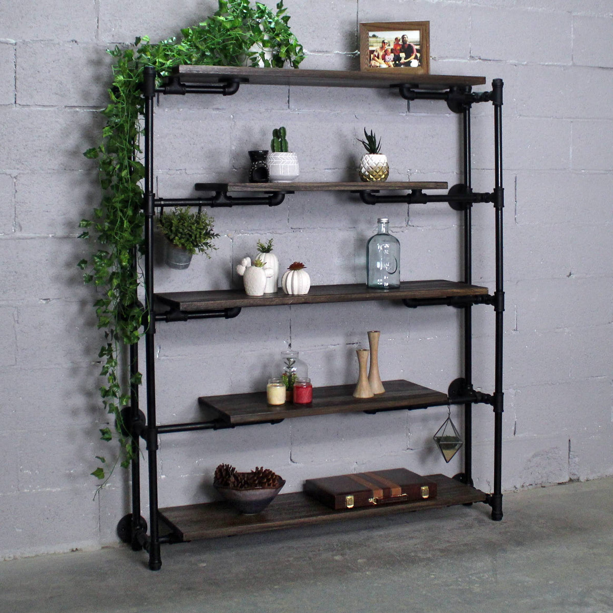 Modern Industrial Floating Tier Etagere Espresso and Hammered Black P52005