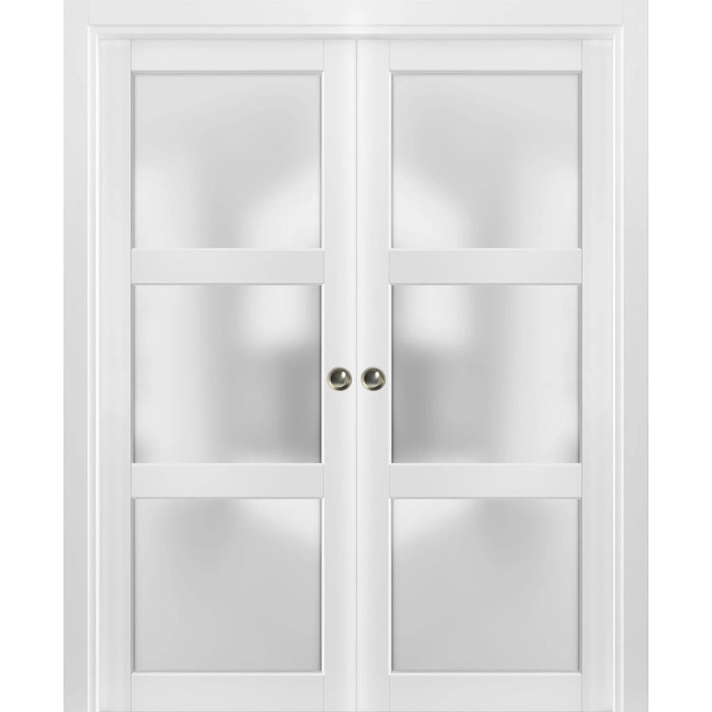 Frosted Glass Sliding French Double Pocket Doors 48 x 80 inches 3 Lites F442753