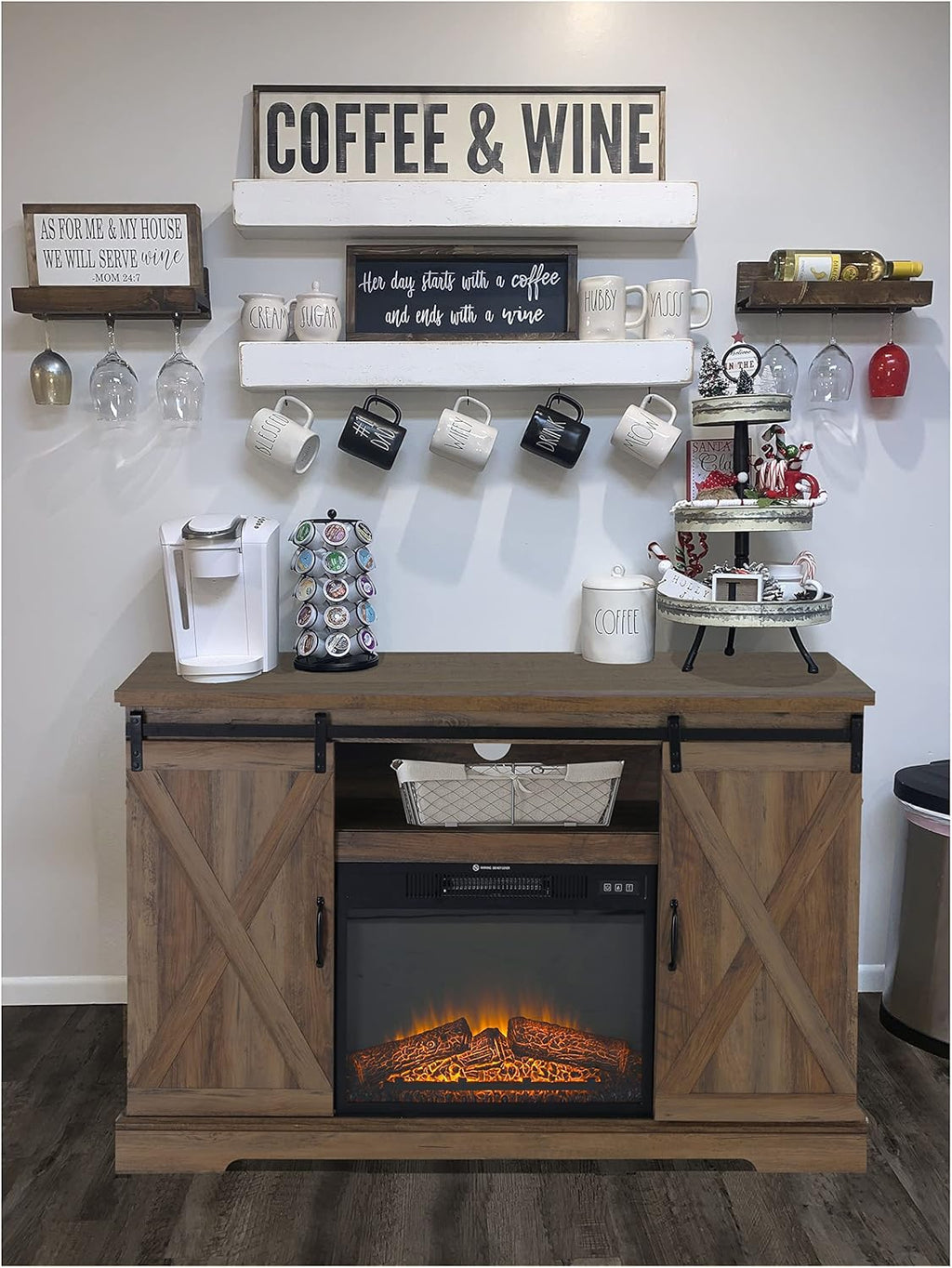 Farmhouse Coffee Bar Cabinet with Fireplace F614