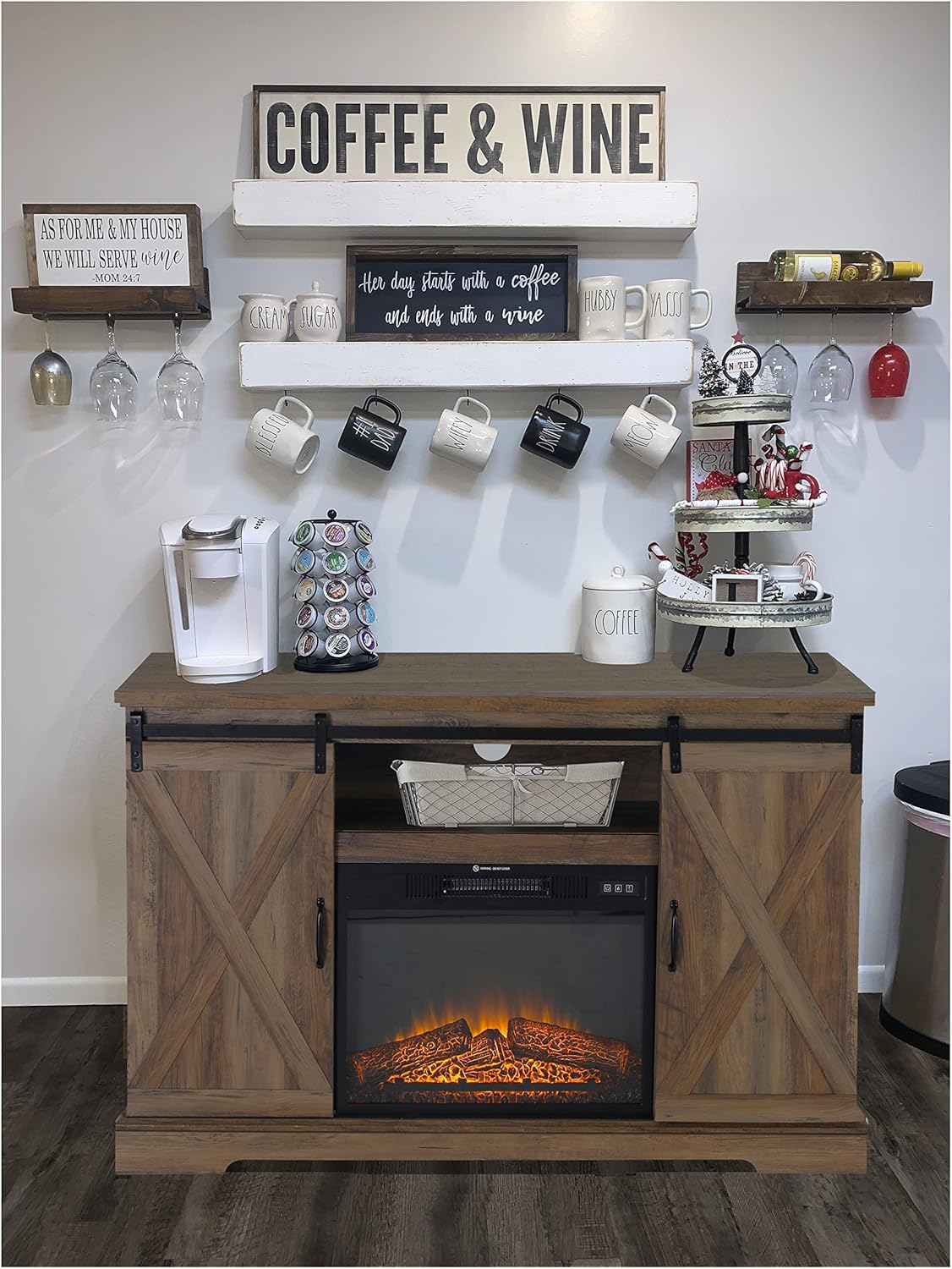 Farmhouse Coffee Bar Cabinet with Fireplace F614