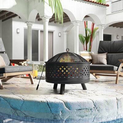Round Steel Wood Burning Fire Pit with Spark Screen F7020