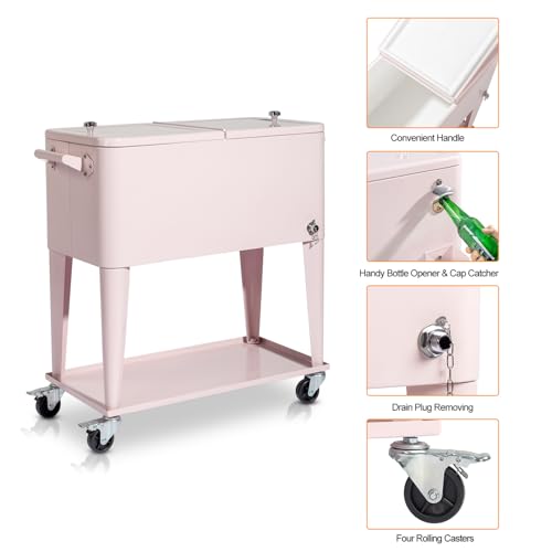 80 Quart Rolling Ice Chest on Wheels Drink Cooler Cart with Shelf J93118