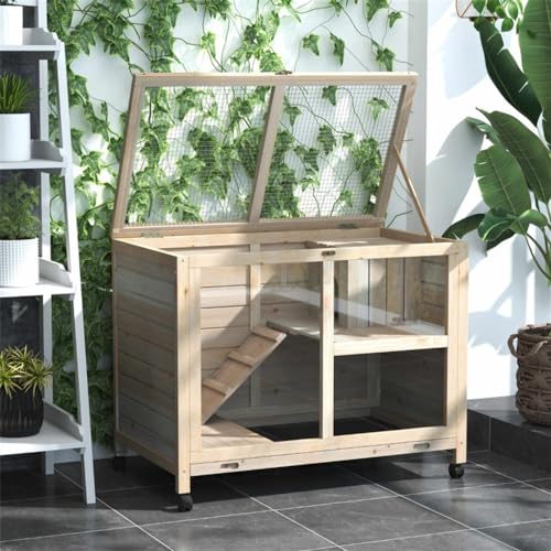 Blue & White Wooden Rabbit Hutch with Tray and Wheels Q38641
