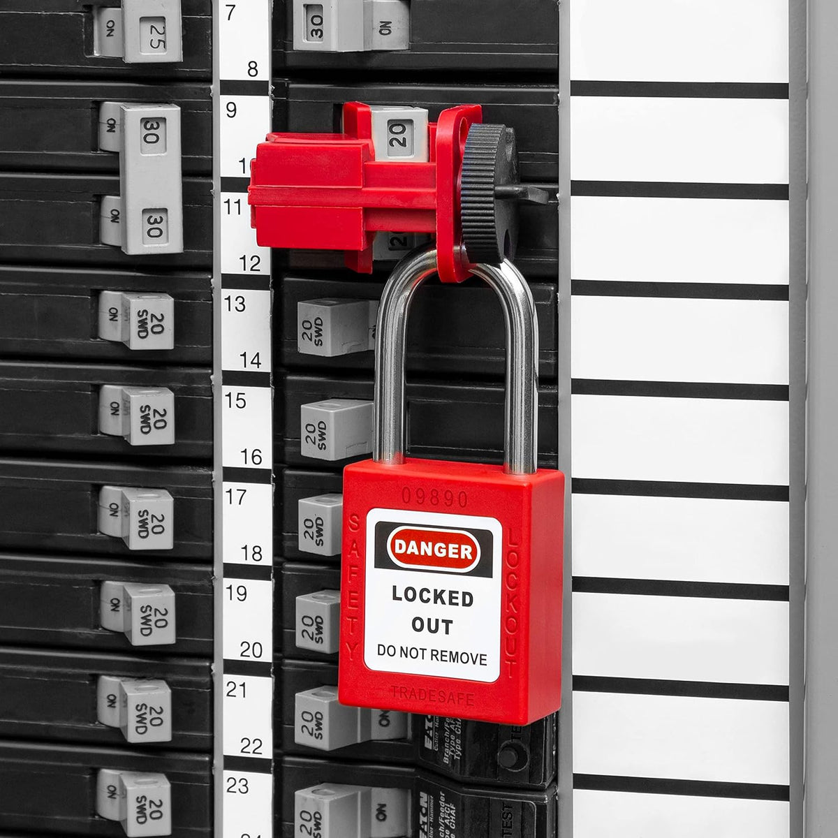 Breaker Lockout Tagout Electrical Loto Kit, 120/277V to 480/600V Circuit Lock Outs, Red Safety Padlocks, Hasps, Tags, Pack of 2 S264