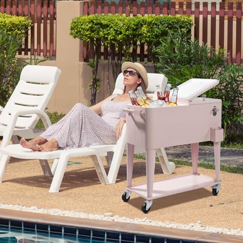 80 Quart Rolling Ice Chest on Wheels Drink Cooler Cart with Shelf J93118