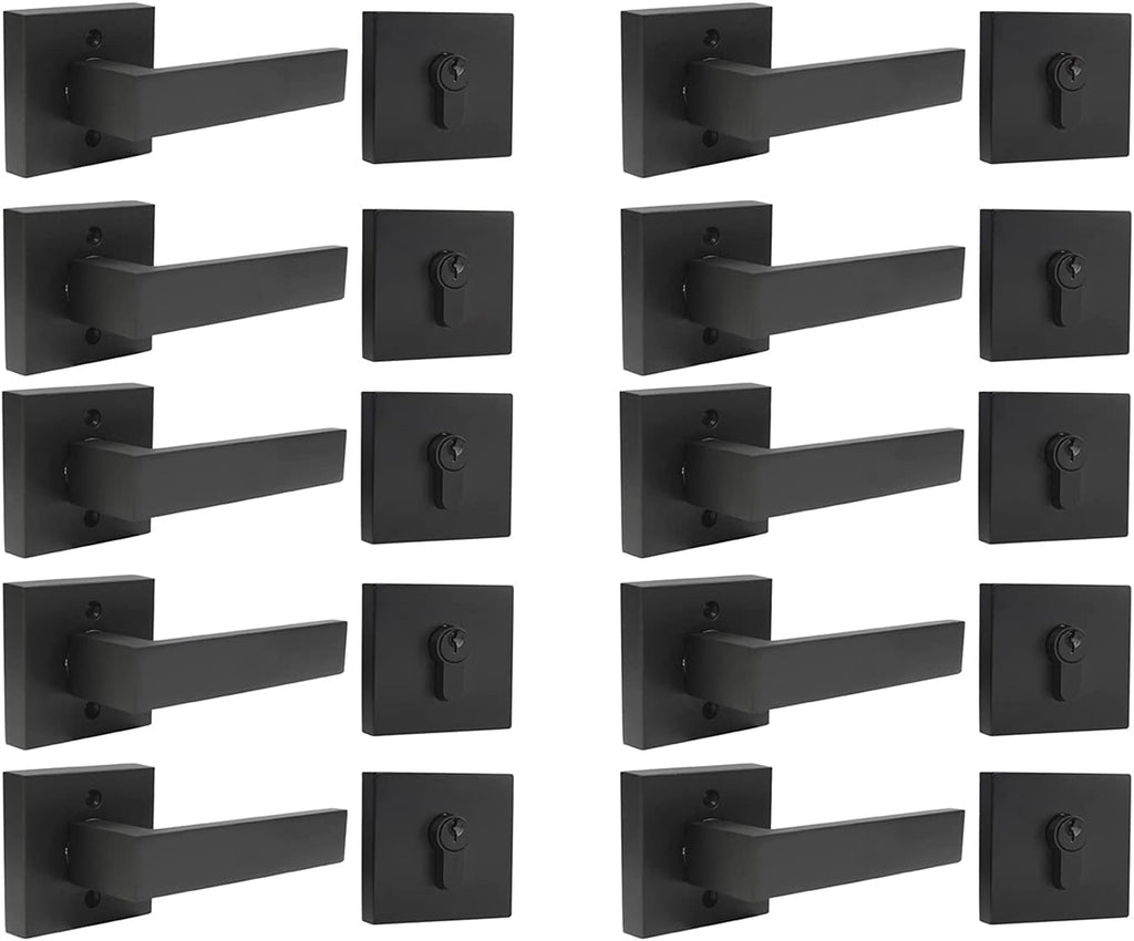 Flat Black Square Door Lever with Single Cylinder Deadbolts Combo Pack of 2 K698760