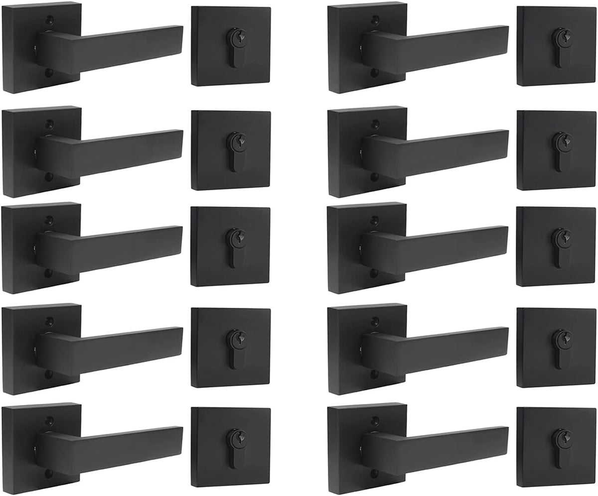 Flat Black Square Door Lever with Single Cylinder Deadbolts Combo Pack of 2 K698760