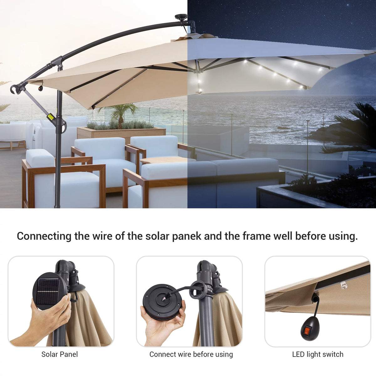 8.2 x 8.2ft LED Offset Hanging Umbrella with Base T6503