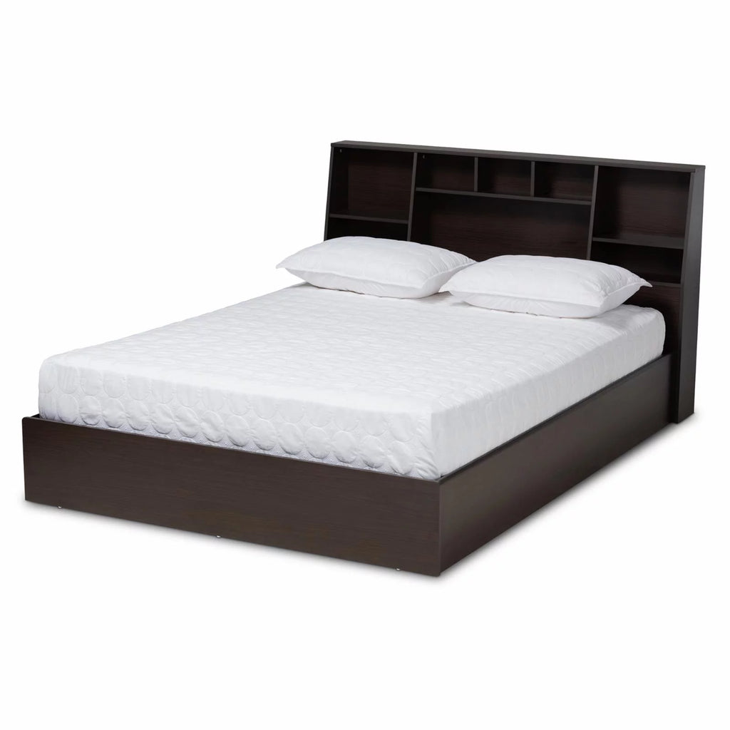 Queen Size Dark Brown Wood Platform Storage Bed J6316