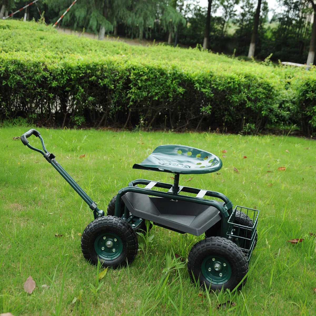 Green Garden Stool Cart with Tool Tray and Storage Basket on Wheels Y95024