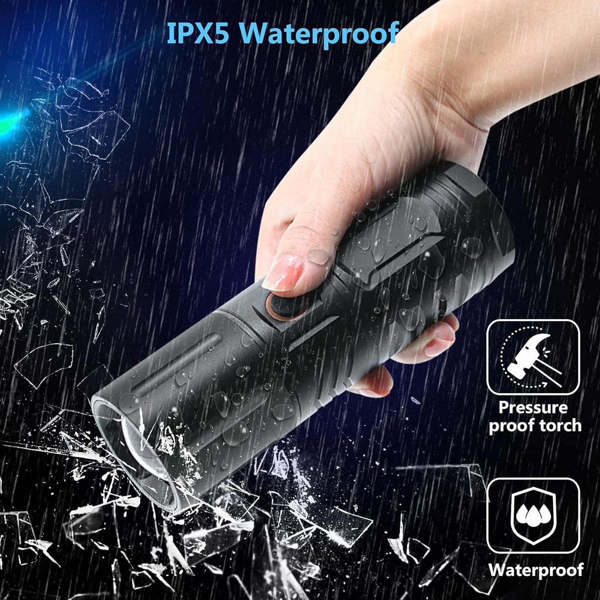 Rechargeable LED Tactical Flashlight, 10000 Lumens, 5 Modes, Zoomable, Waterproof N756220