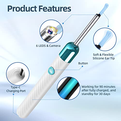 Ear Wax Removal Kit with Camera 1080P Otoscope Light 6 Ear Pick Blue O7018