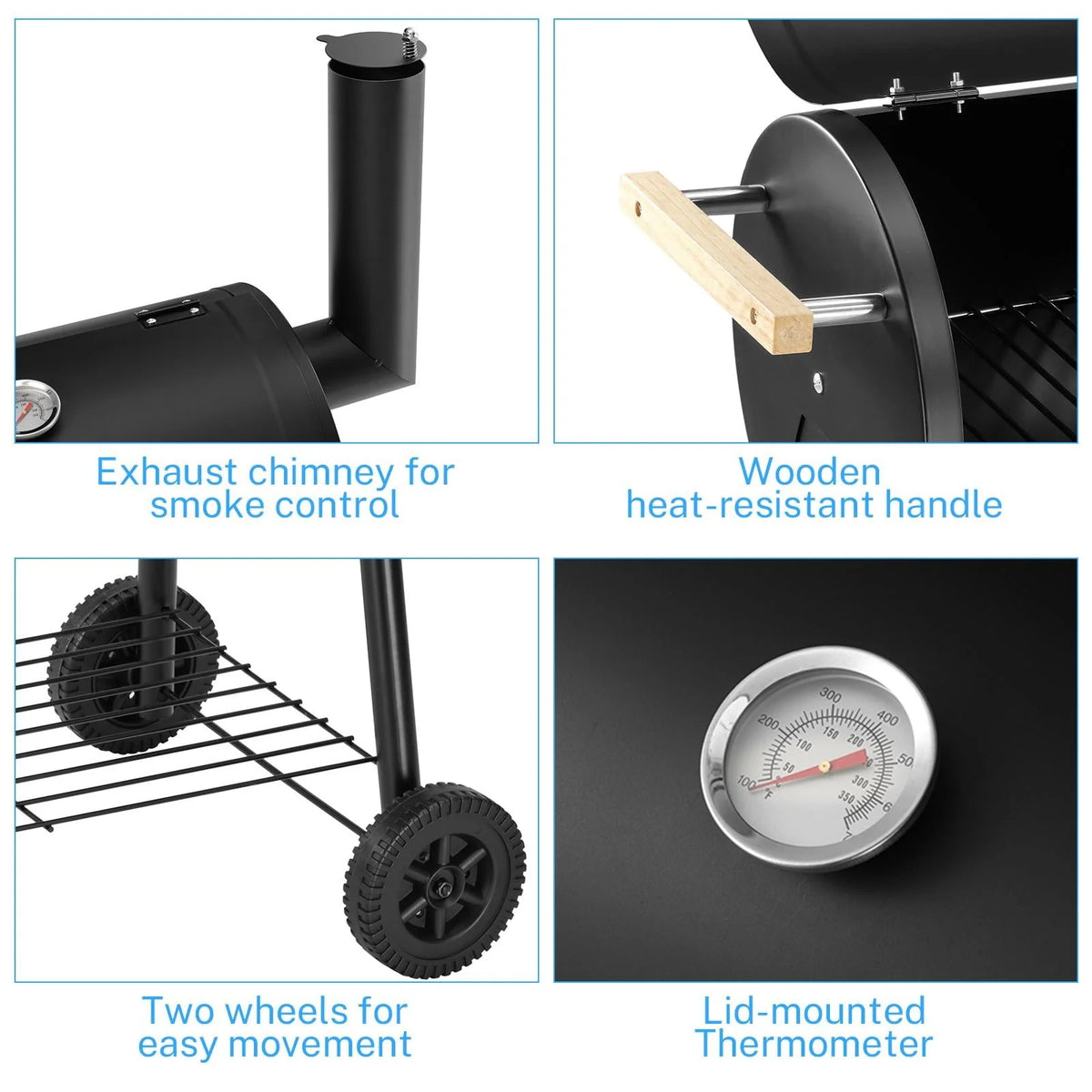Charcoal Grill, 45.28-Inch Portable Offset Smoker with Wheels & Thermometer Z327