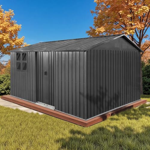 Grey Metal Outdoor Storage Shed with Windows and Lockable Doors F46933