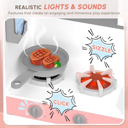 Play Kitchen with Lights & Sounds, 28 Pcs Toy Food & Cookware D21587