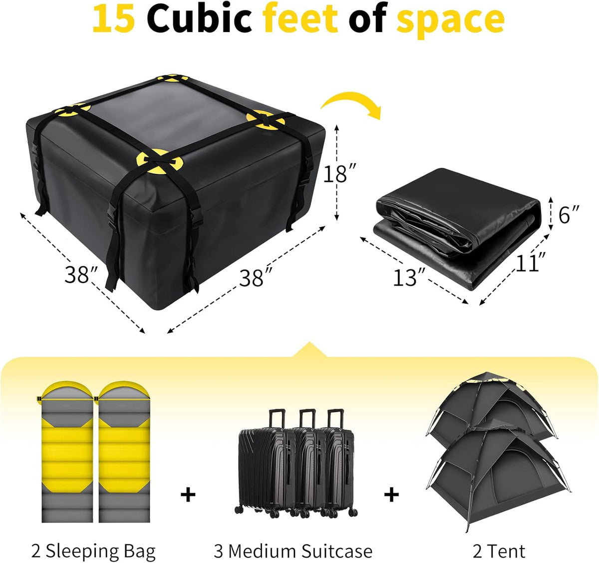 Car Roof Bag Waterproof Rooftop Cargo Carrier with Anti-Slip Mat and 6 Heavy-Duty Straps (15 Cubic Feet) J9305