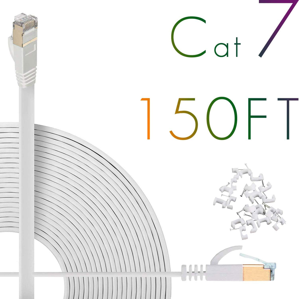 Cat7 Ethernet Cable 150ft Flat Shielded White Pack of 2 V6131