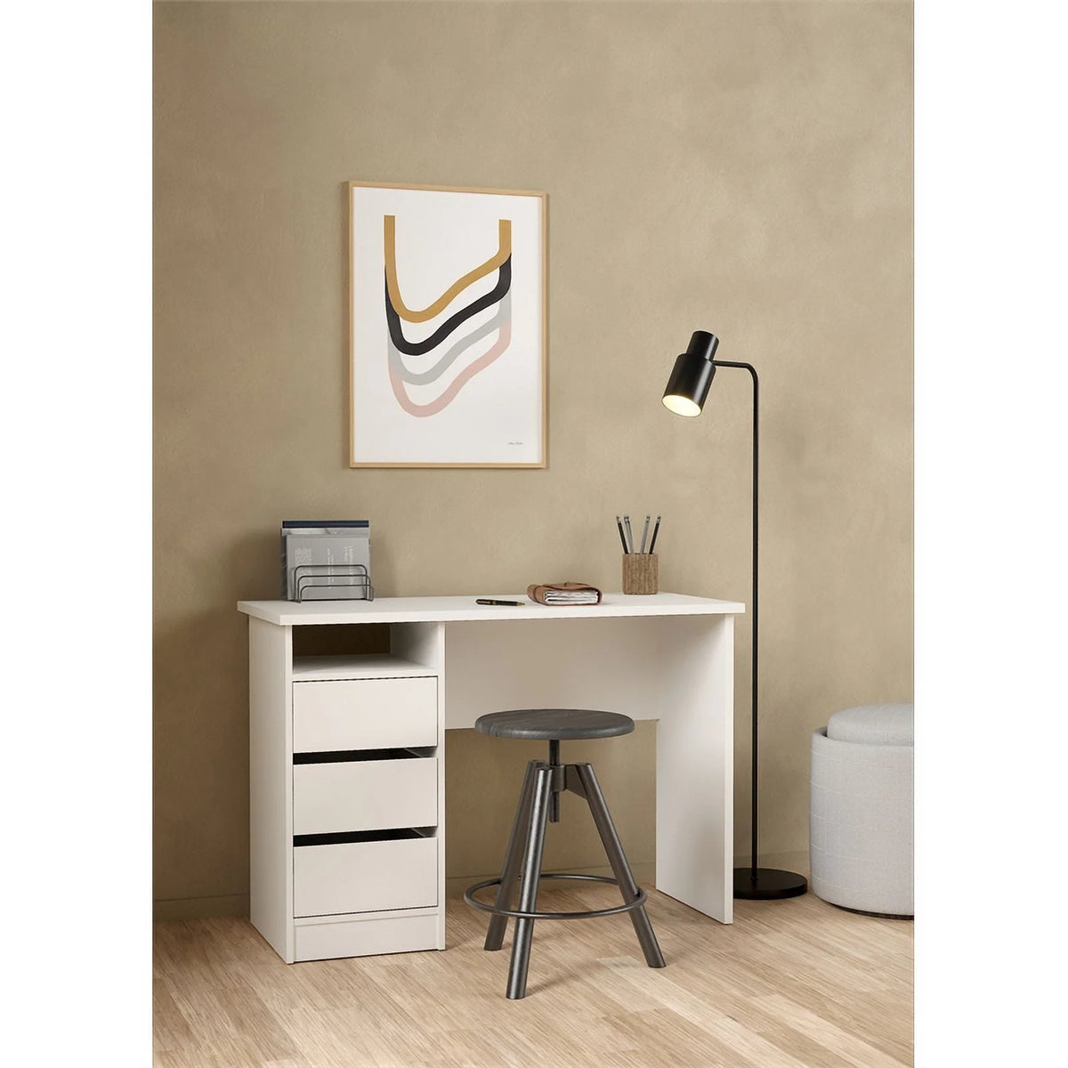 White Writing Desk with 3 Storage Drawers and Open Shelf B7683