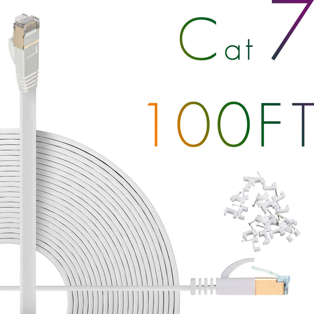 Cat7 Ethernet Cable 150ft Flat Shielded White Pack of 2 V6131