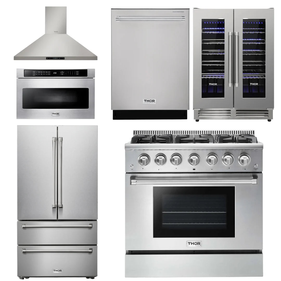 36 Gas Range, Range Hood, Microwave, Refrigerator, Dishwasher, Wine Cooler J49024