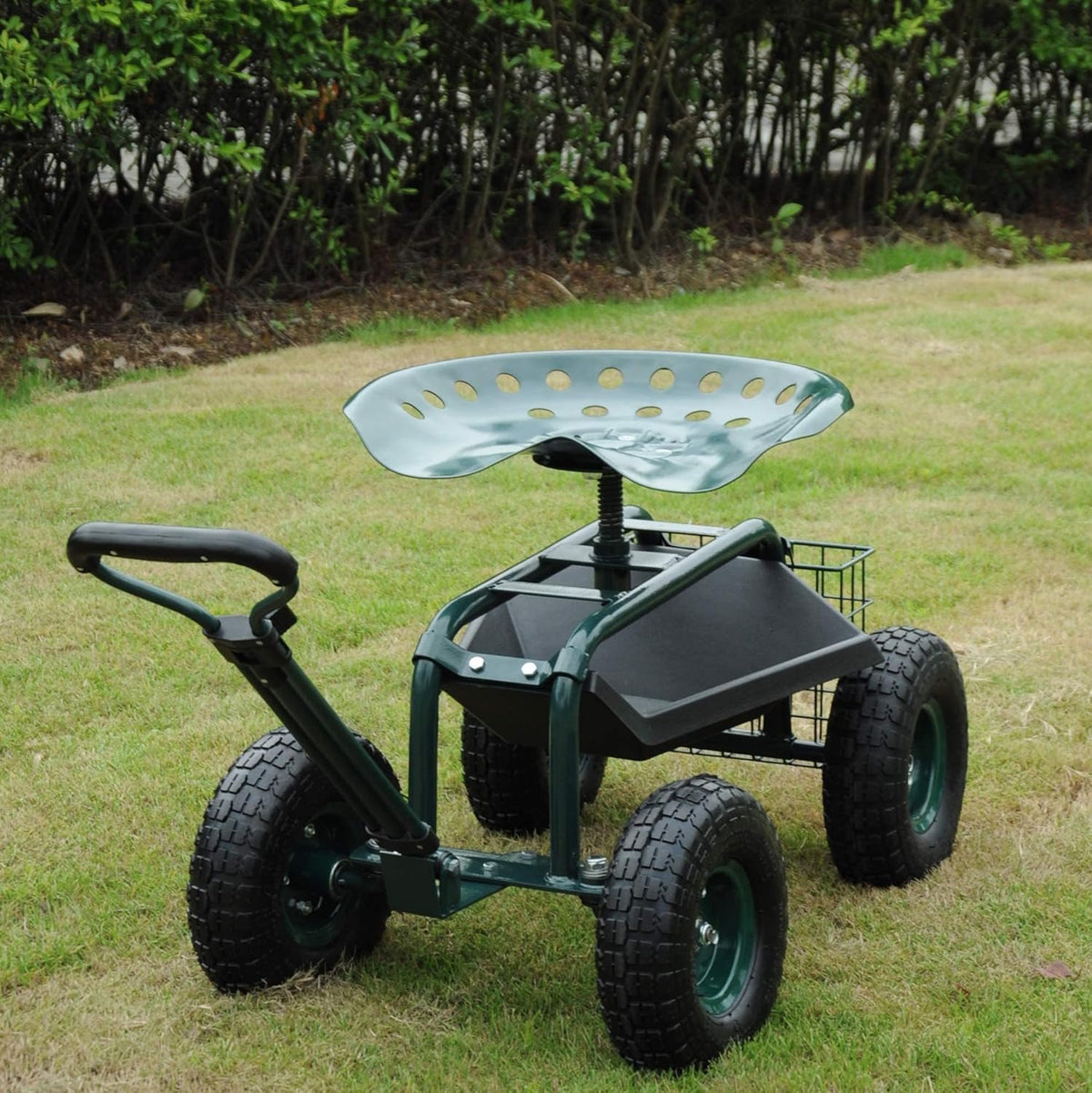 Green Garden Stool Cart with Tool Tray and Storage Basket on Wheels Y95024