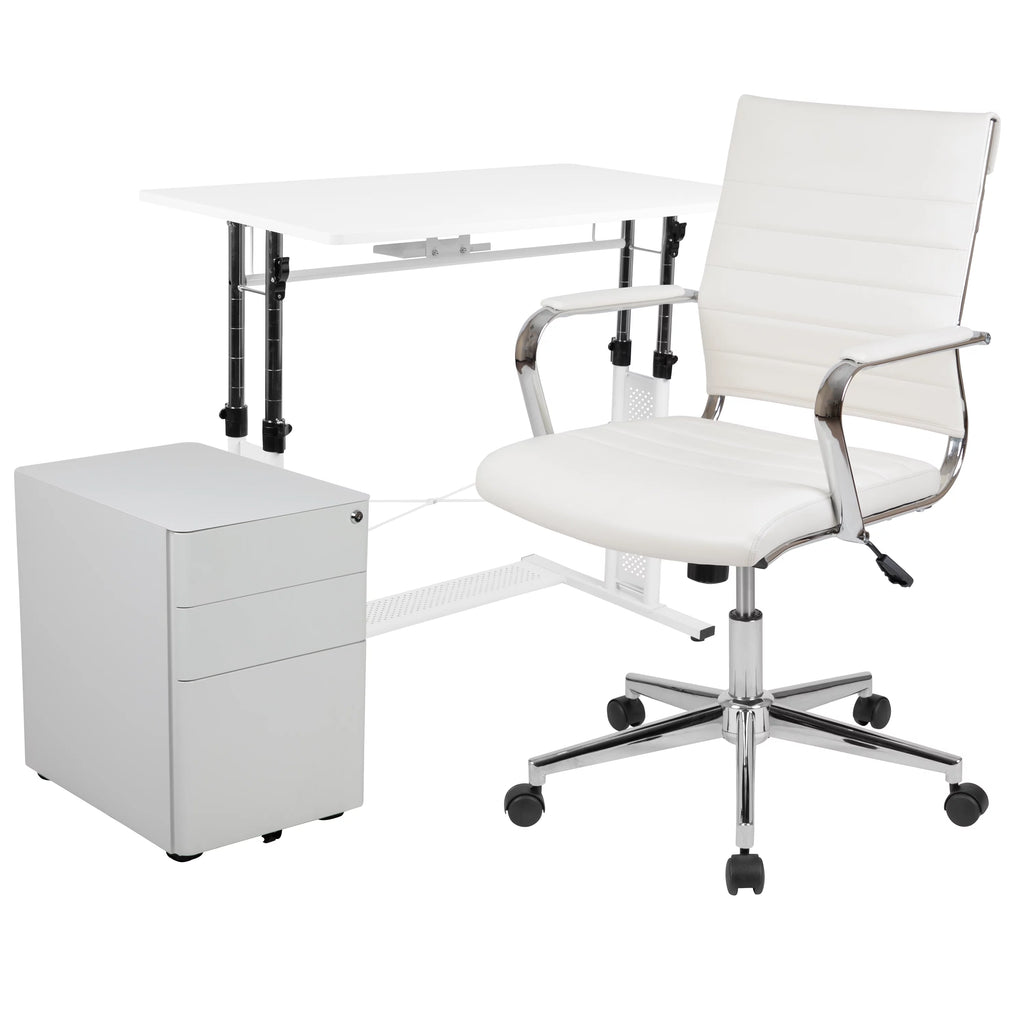 White Adjustable Computer Desk, Office Chair and Mobile Filing Cabinet K489509