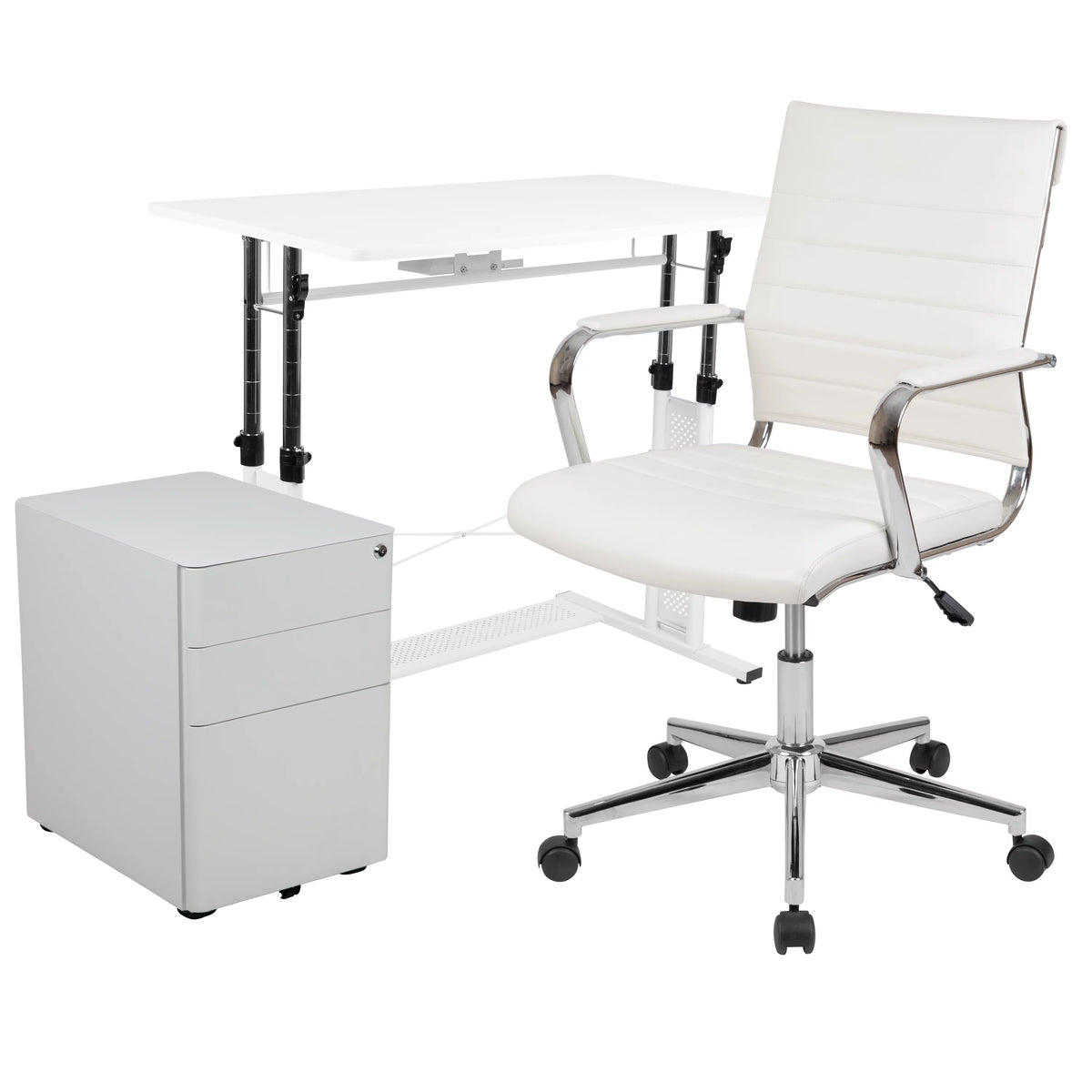 White Adjustable Computer Desk, Office Chair and Mobile Filing Cabinet K489509