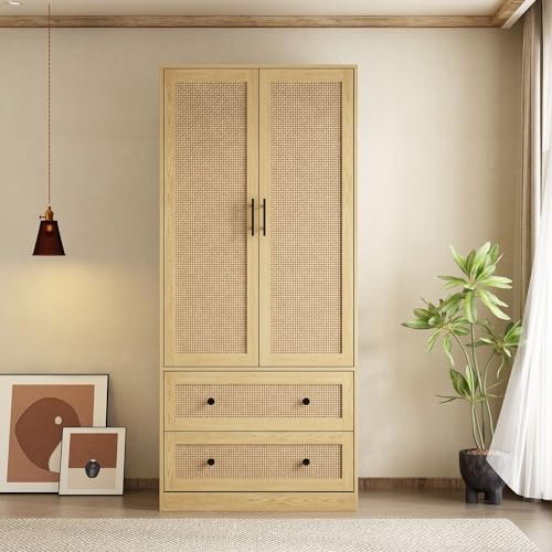 Oak 2 Rattan Door Wardrobe Closet with 2 Drawers and Shelves Z49746